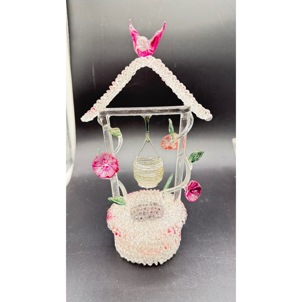 Vintage Spun Glass Wishing Well Figurine Pink Flowers Bird Hand Blown Art Glass